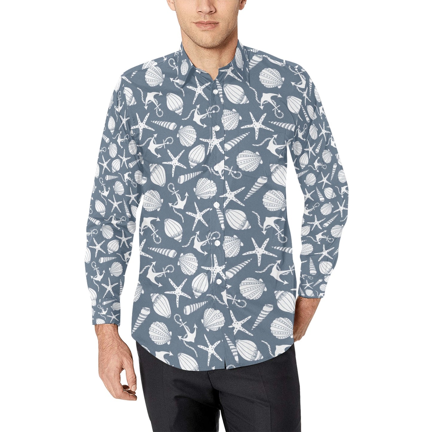Seashell Print Design LKS306 Men's Long Sleeve Dress Shirt