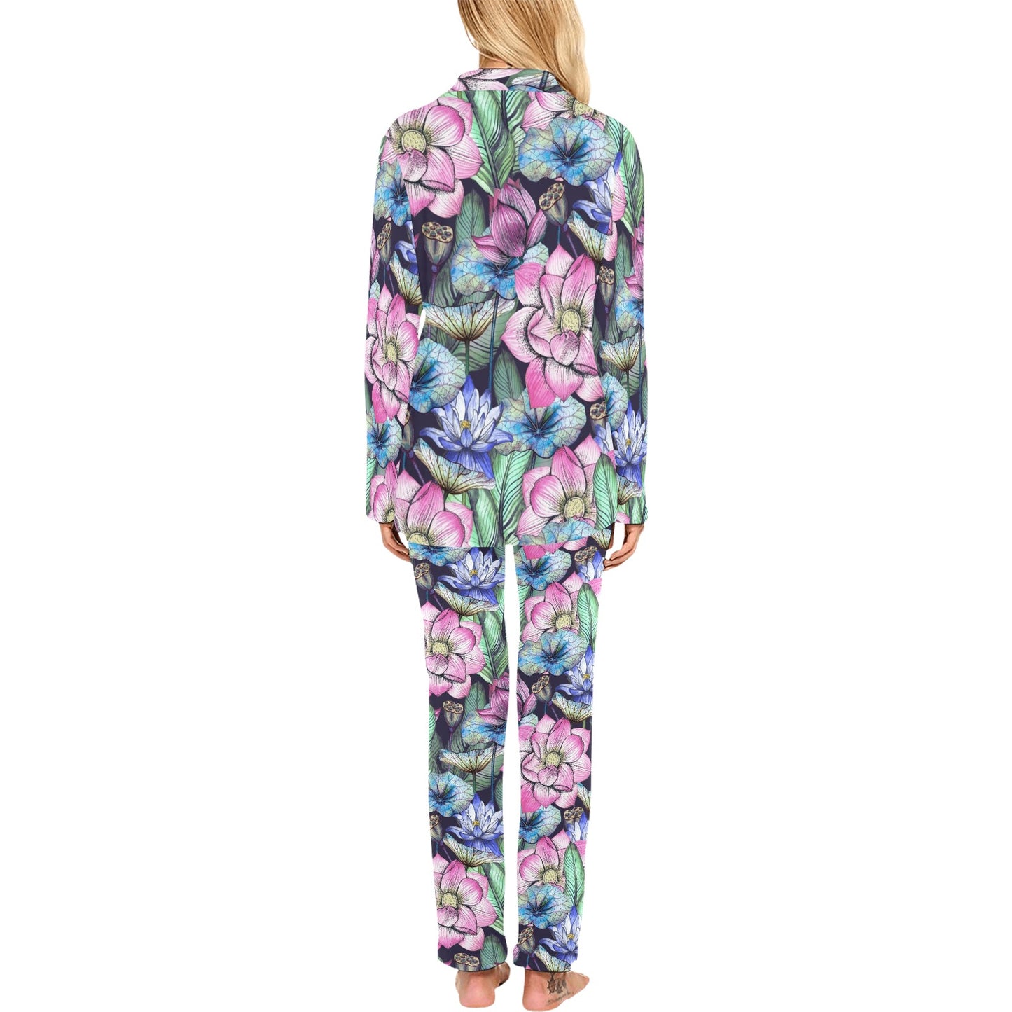 Water Lily Pattern Print Design WL07 Women's Long Pajama Set