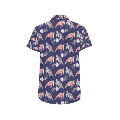 Sea Turtle With Jelly Fish Print Design LKS301 Men Short Sleeve Button Up Shirt