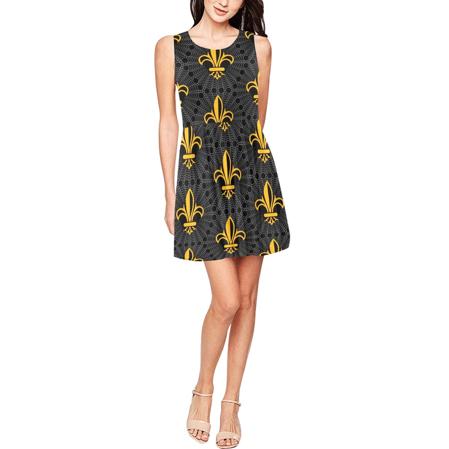 Fleur De Lis Gold Pattern Print Design 01 Sleeveless Dress