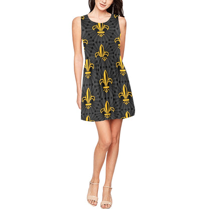 Fleur De Lis Gold Pattern Print Design 01 Sleeveless Dress