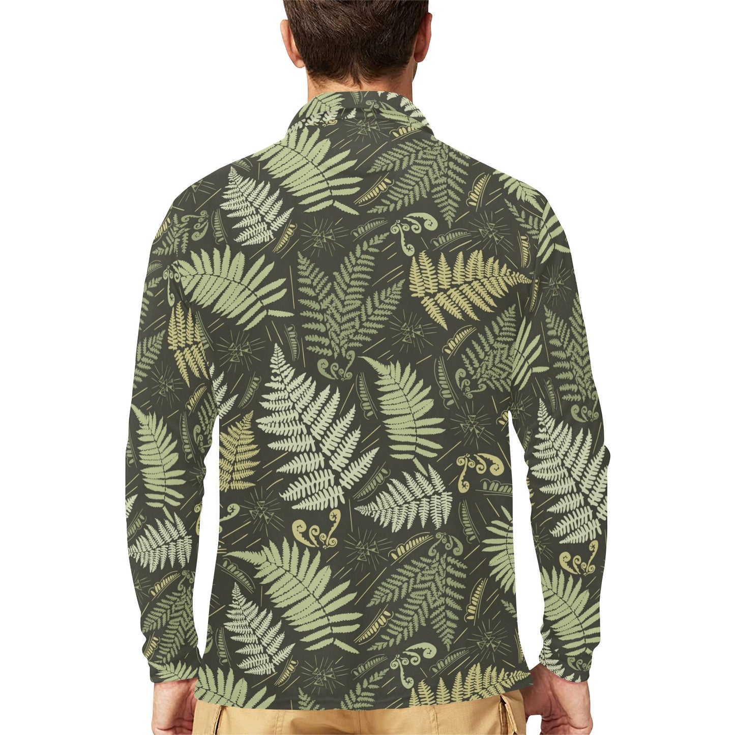 Fern Leave Green Print Pattern Long Sleeve Polo Shirt For Men's