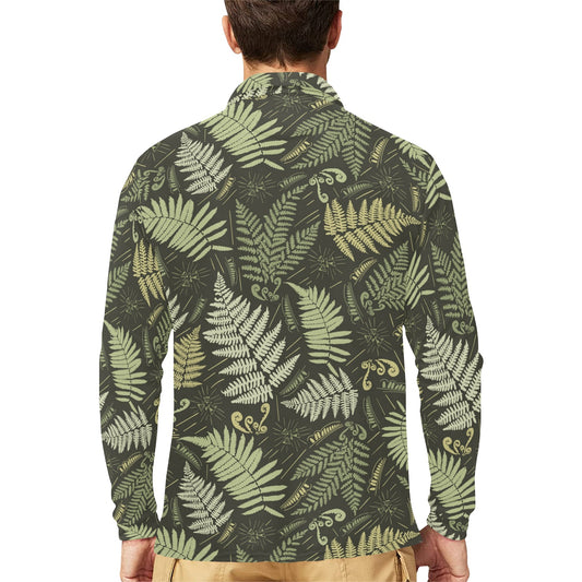 Fern Leave Green Print Pattern Long Sleeve Polo Shirt For Men's