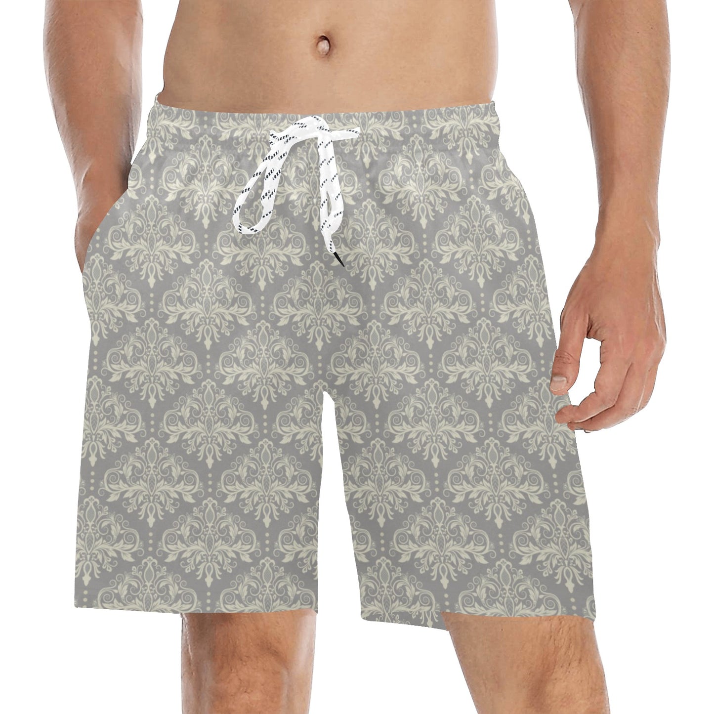 Damask Grey Elegant Print Pattern Men's Swim Trunks Beach Shorts