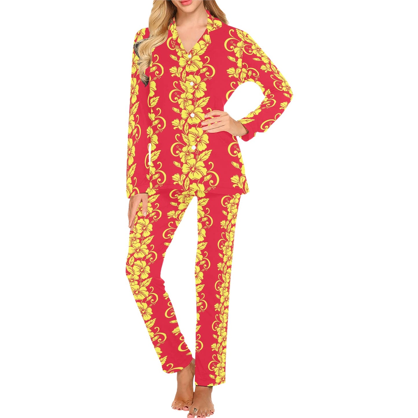 Orange Hibiscus Pattern Print Design HB018 Women's Long Pajama Set