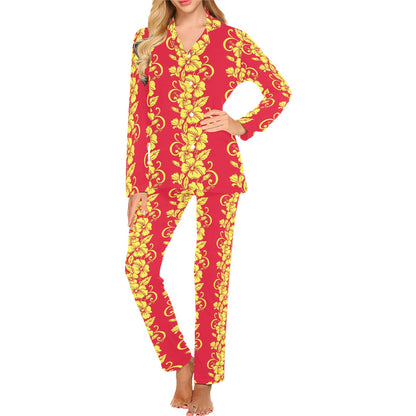 Orange Hibiscus Pattern Print Design HB018 Women's Long Pajama Set