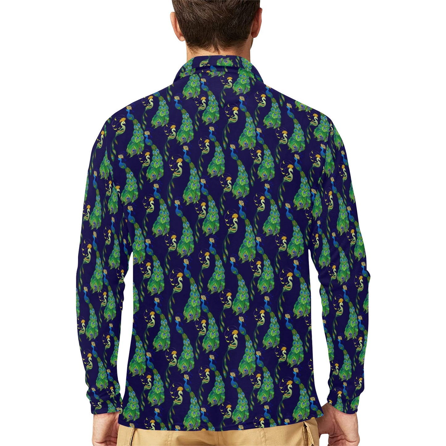 Peacock Art Design Print Long Sleeve Polo Shirt For Men's
