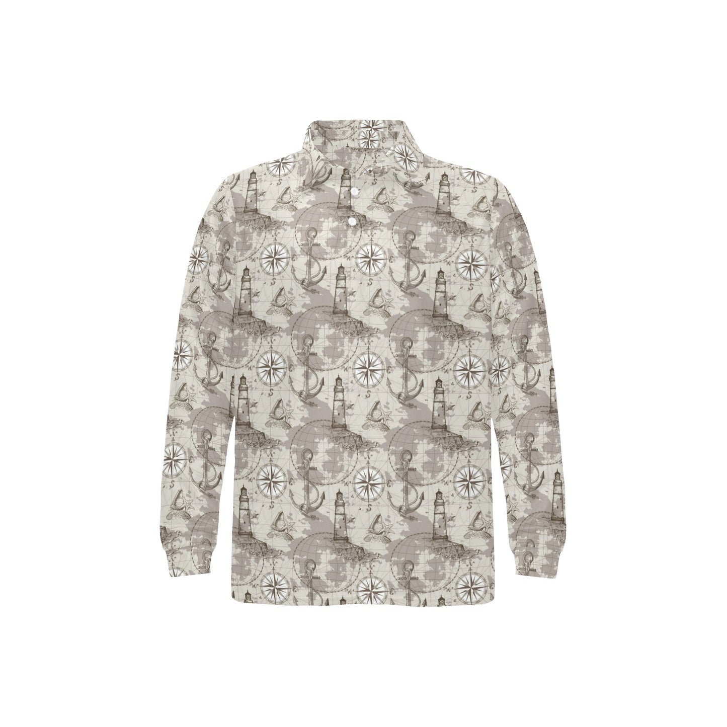 Nautical Map Design Themed Print Long Sleeve Polo Shirt For Men's