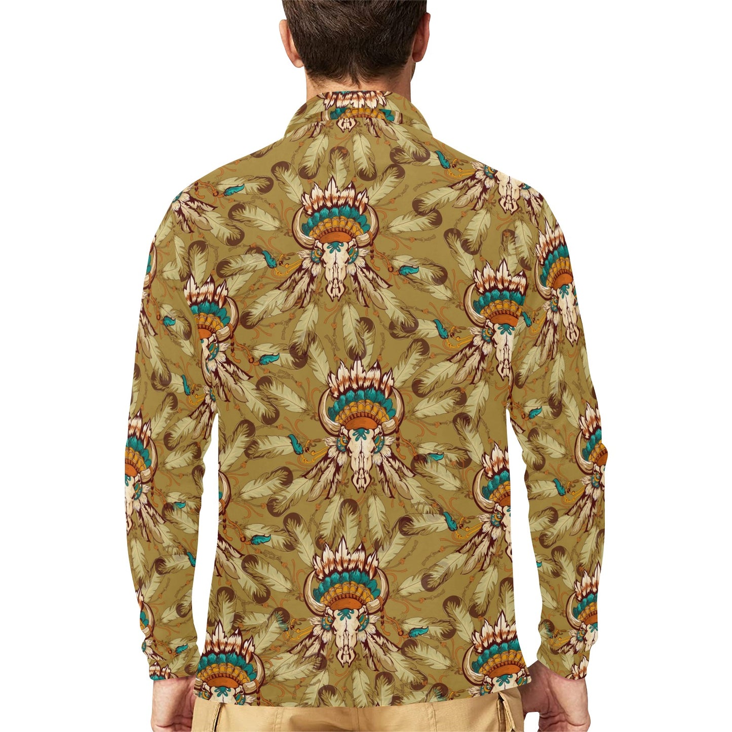 Native Indian Buffalo head Long Sleeve Polo Shirt For Men's
