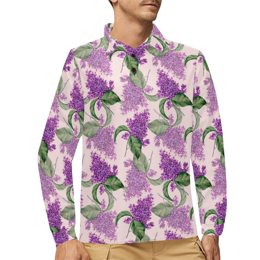 Lilac Pattern Print Design LI02 Long Sleeve Polo Shirt For Men's