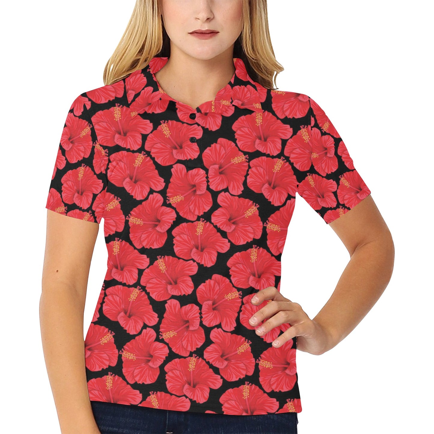 Hibiscus Red Pattern Print Design LKS306 Women's Polo Shirt