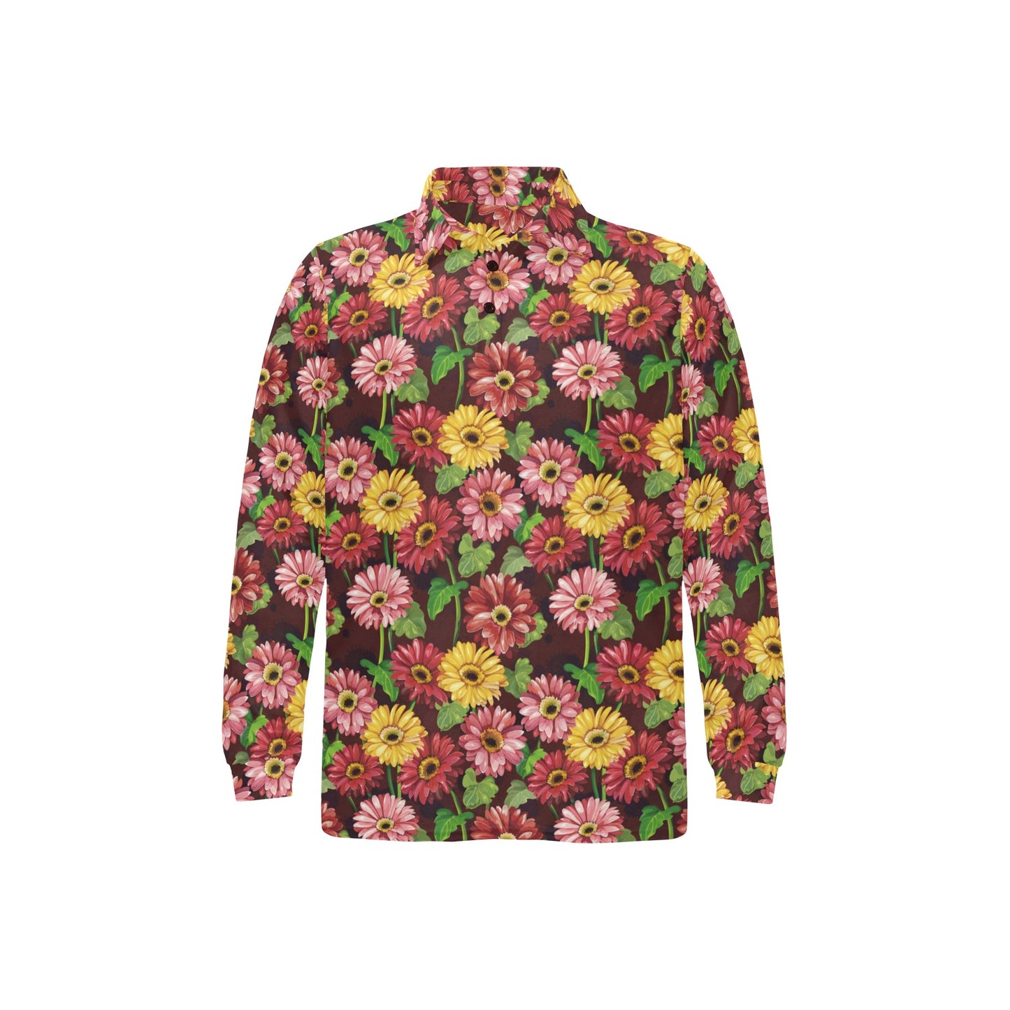 Daisy Gerbera Print Pattern Long Sleeve Polo Shirt For Men's
