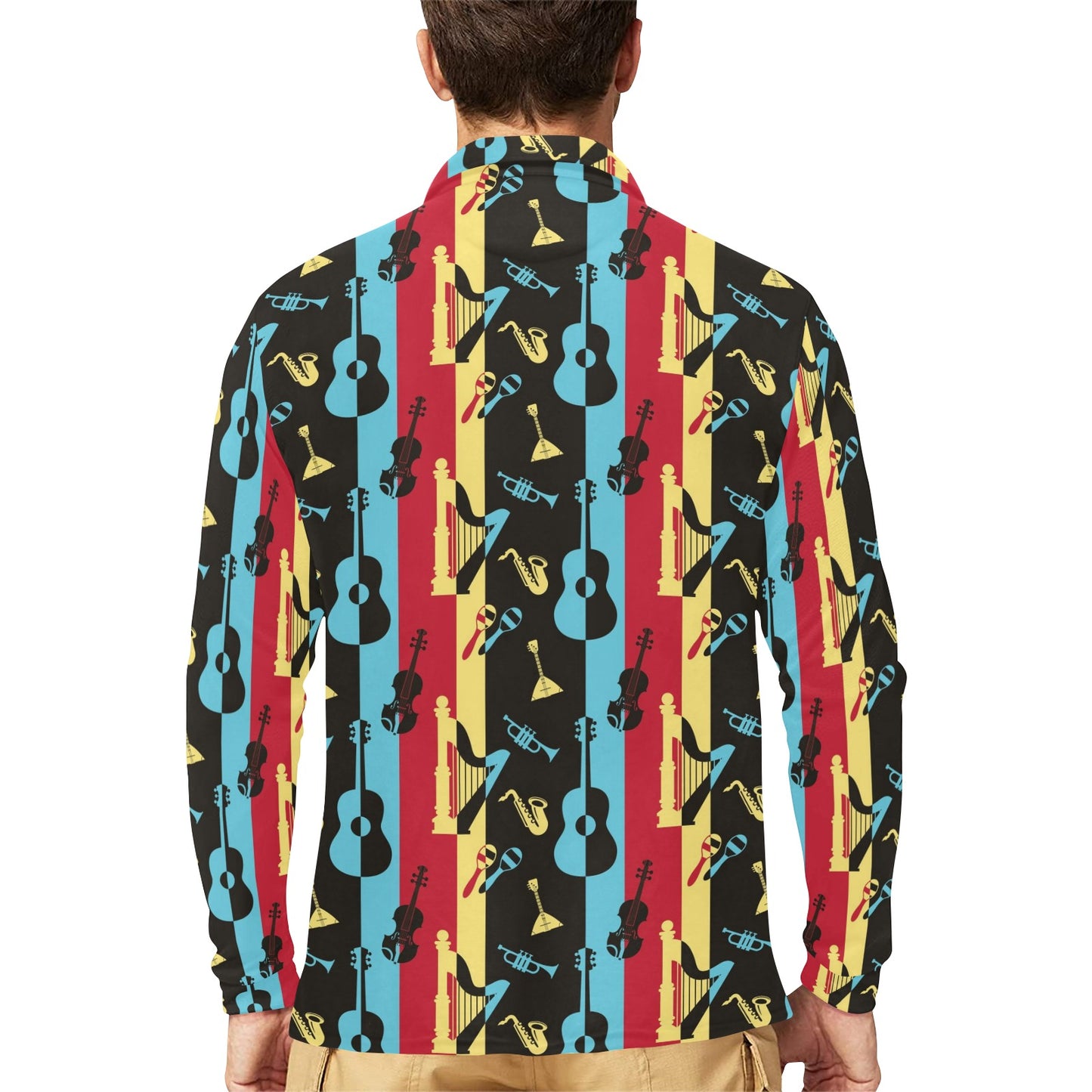 Jazz Pattern Print Design 02 Long Sleeve Polo Shirt For Men's