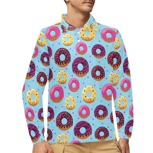 Donut Pattern Print Design DN07 Long Sleeve Polo Shirt For Men's