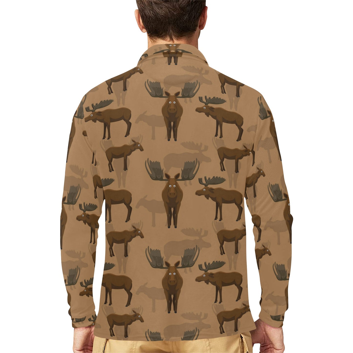 Moose Pattern Print Design 03 Long Sleeve Polo Shirt For Men's