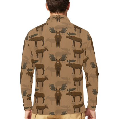 Moose Pattern Print Design 03 Long Sleeve Polo Shirt For Men's