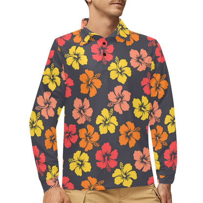 Hibiscus Pattern Print Design HB024 Long Sleeve Polo Shirt For Men's