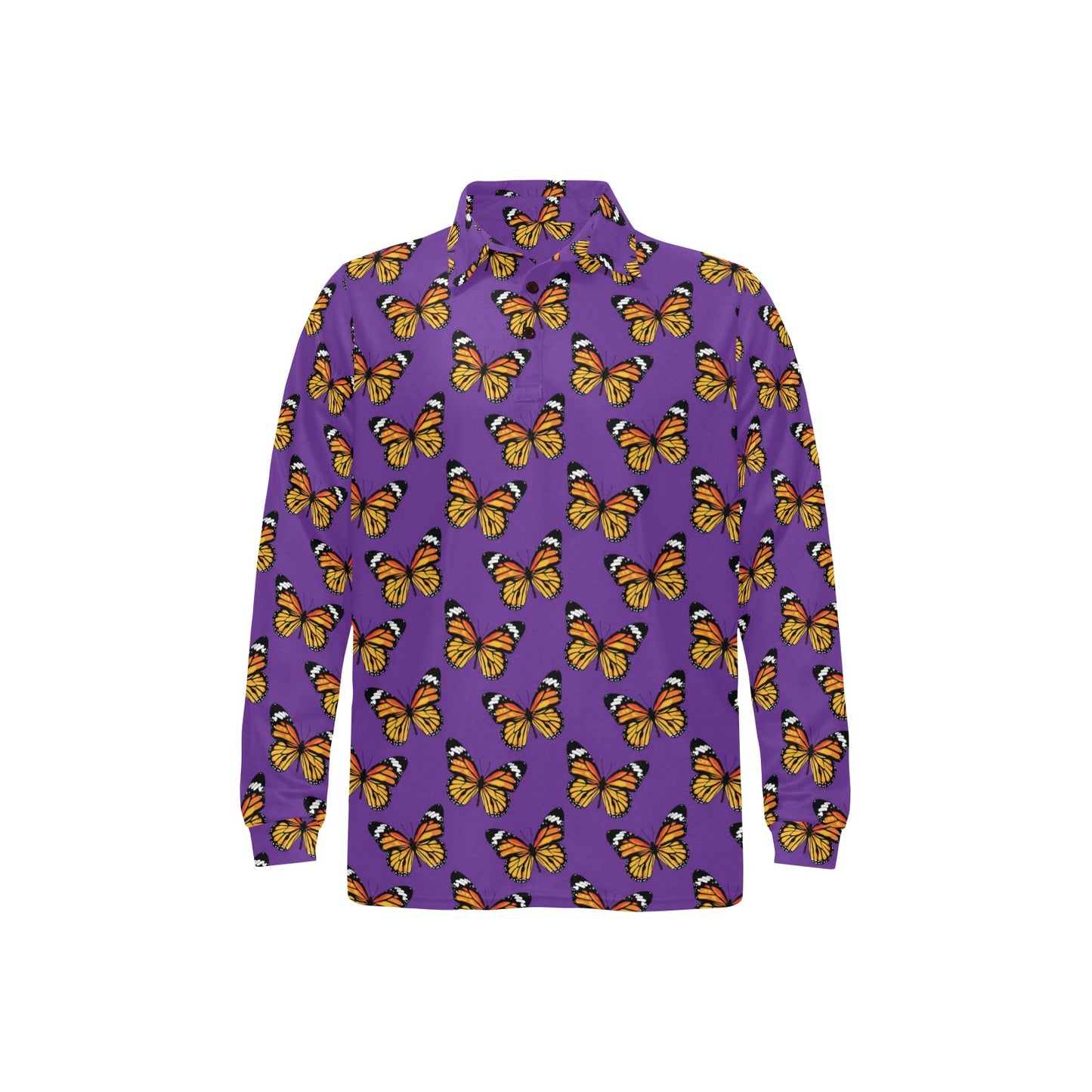 Monarch Butterfly Purple Print Pattern Long Sleeve Polo Shirt For Men's