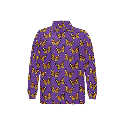 Monarch Butterfly Purple Print Pattern Long Sleeve Polo Shirt For Men's