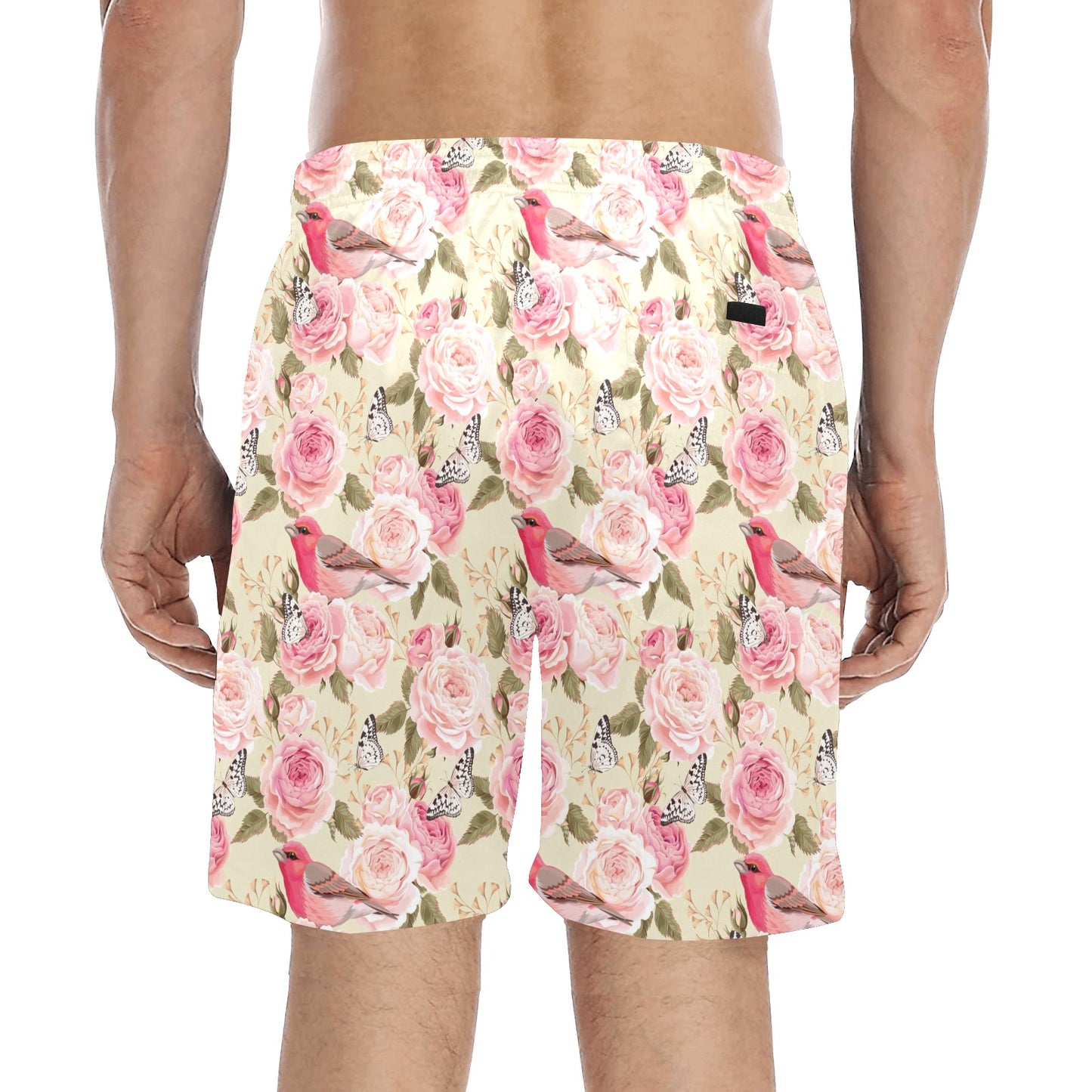 Bird Butterfly Pink Flower Print Pattern Men's Swim Trunks Beach Shorts