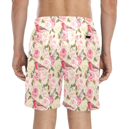 Bird Butterfly Pink Flower Print Pattern Men's Swim Trunks Beach Shorts