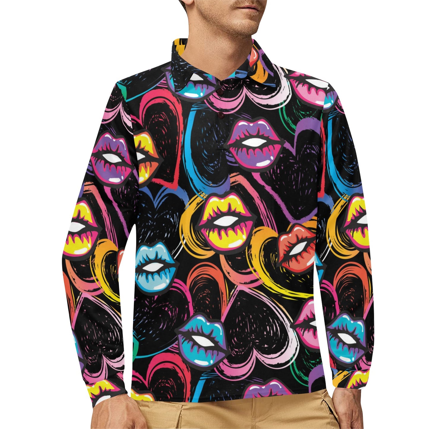 Pop Art Lip Pattern Print Design A03 Long Sleeve Polo Shirt For Men's