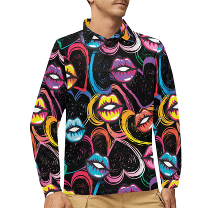 Pop Art Lip Pattern Print Design A03 Long Sleeve Polo Shirt For Men's