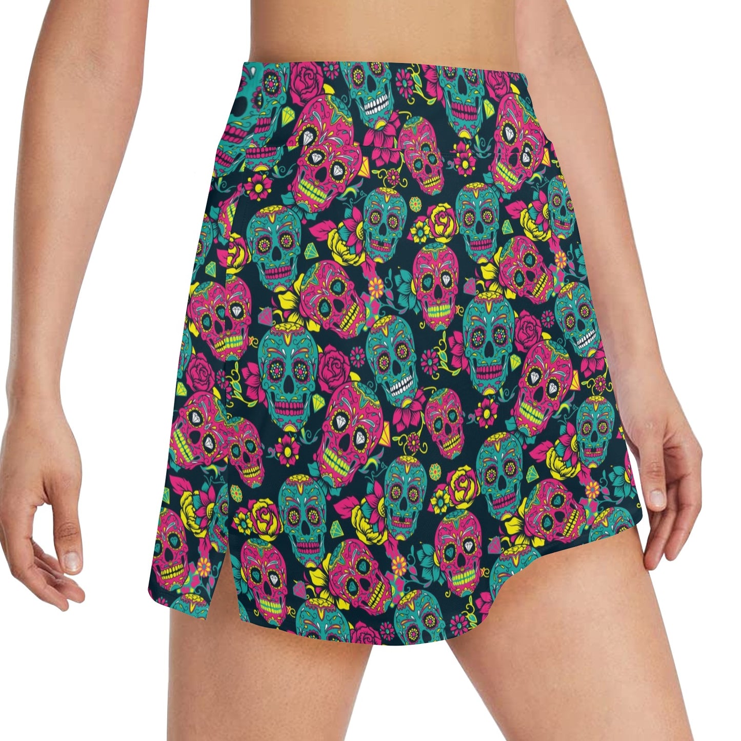 Sugar Skull Floral Design Themed Print 17" Golf & Pickleball Skort with Pockets