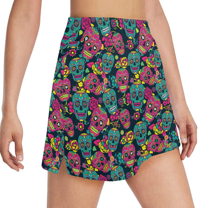 Sugar Skull Floral Design Themed Print 17" Golf & Pickleball Skort with Pockets