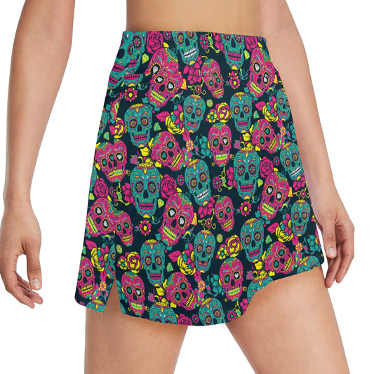 Sugar Skull Floral Design Themed Print 17" Golf & Pickleball Skort with Pockets