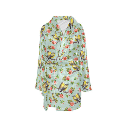 Bird with Red Flower Print Pattern Women's Fleece Robe