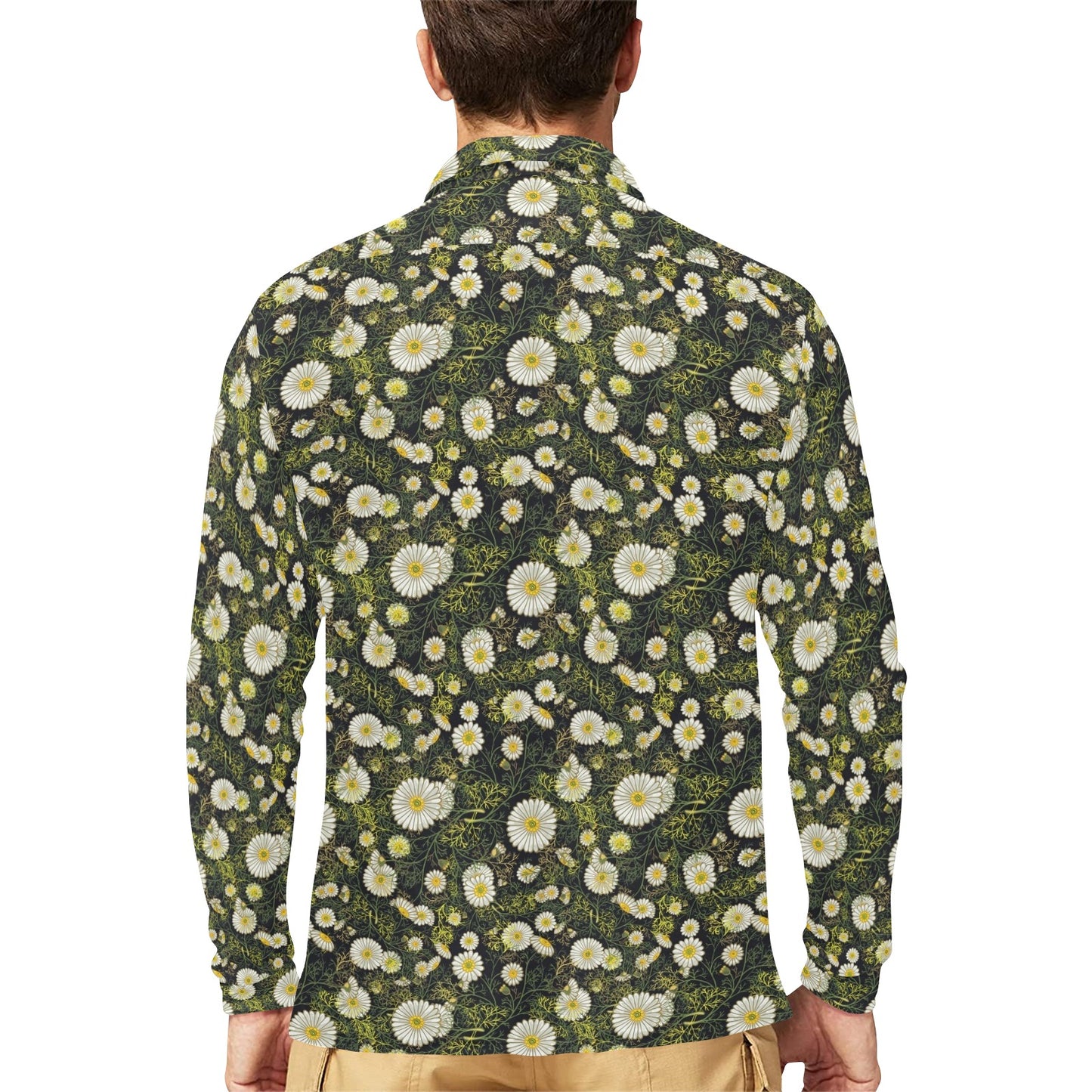 Daisy Pattern Print Design 03 Long Sleeve Polo Shirt For Men's