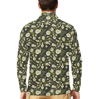 Daisy Pattern Print Design 03 Long Sleeve Polo Shirt For Men's