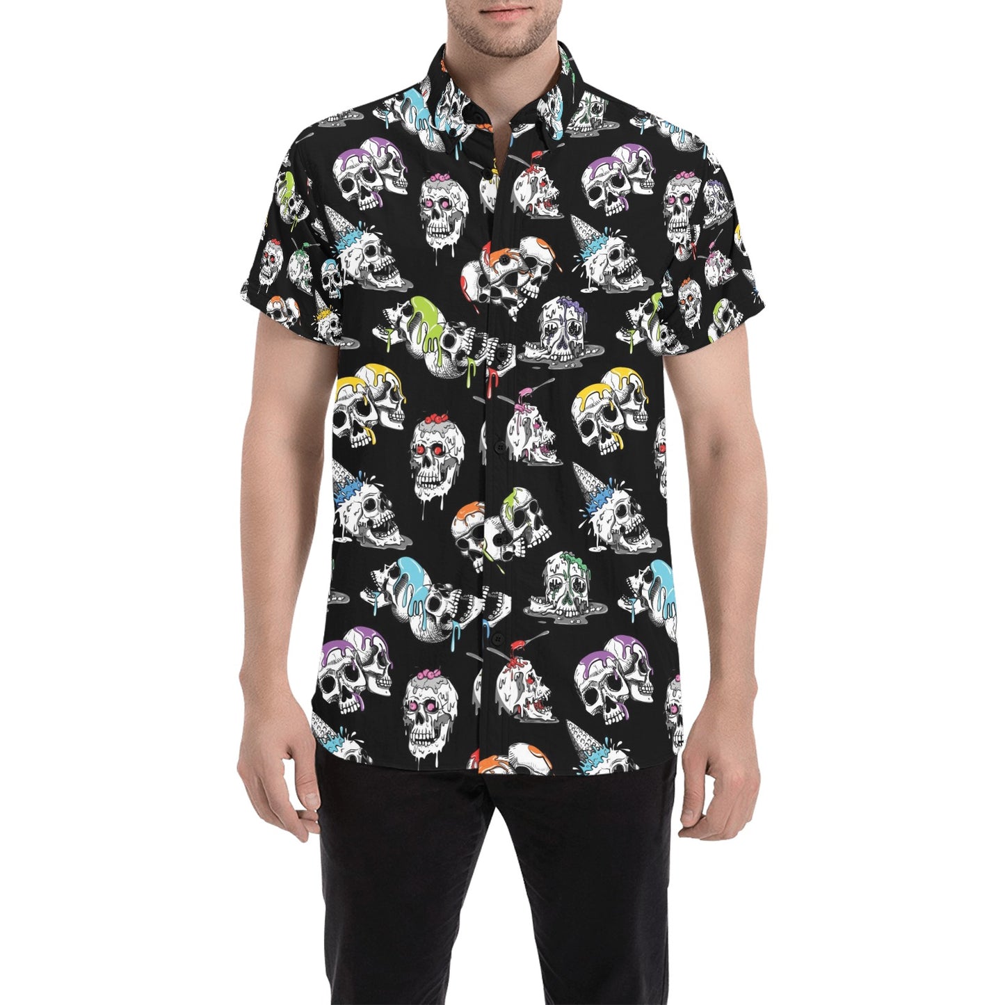 Skull Print Design LKS3013 Men Short Sleeve Button Up Shirt