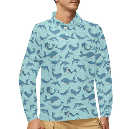 Narwhal Themed Print Long Sleeve Polo Shirt For Men's