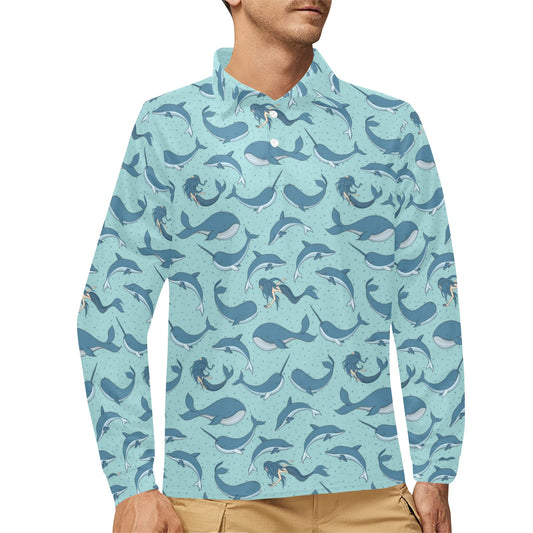 Narwhal Themed Print Long Sleeve Polo Shirt For Men's
