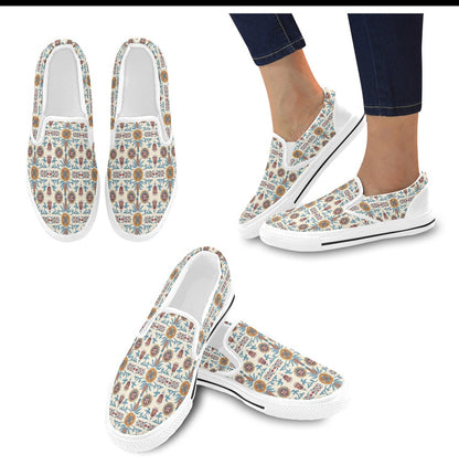 Suzani Print Design LKS301 White Slip Ons Canvas Women's Shoes
