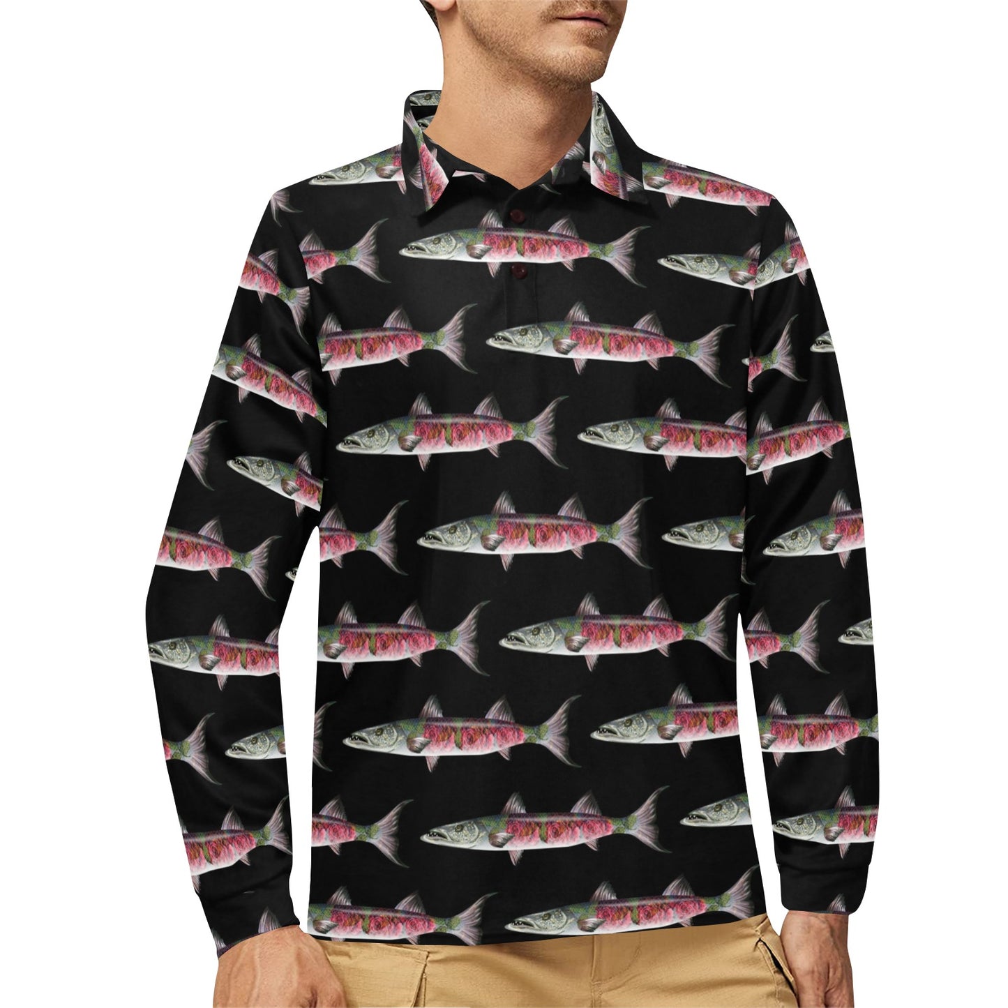 Barracuda Pattern Print Design 02 Long Sleeve Polo Shirt For Men's