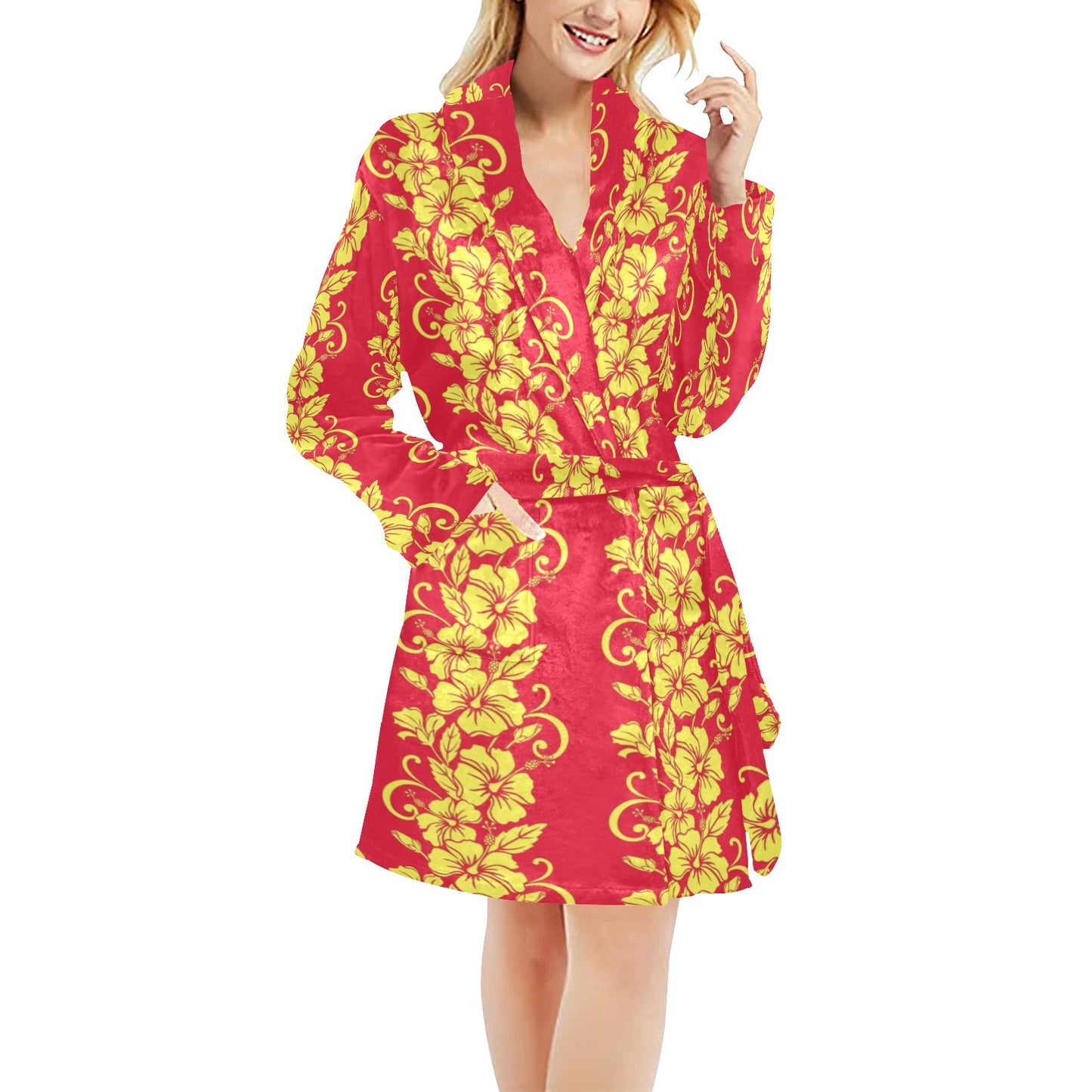 Orange Hibiscus Pattern Print Design HB018 Women's Fleece Robe