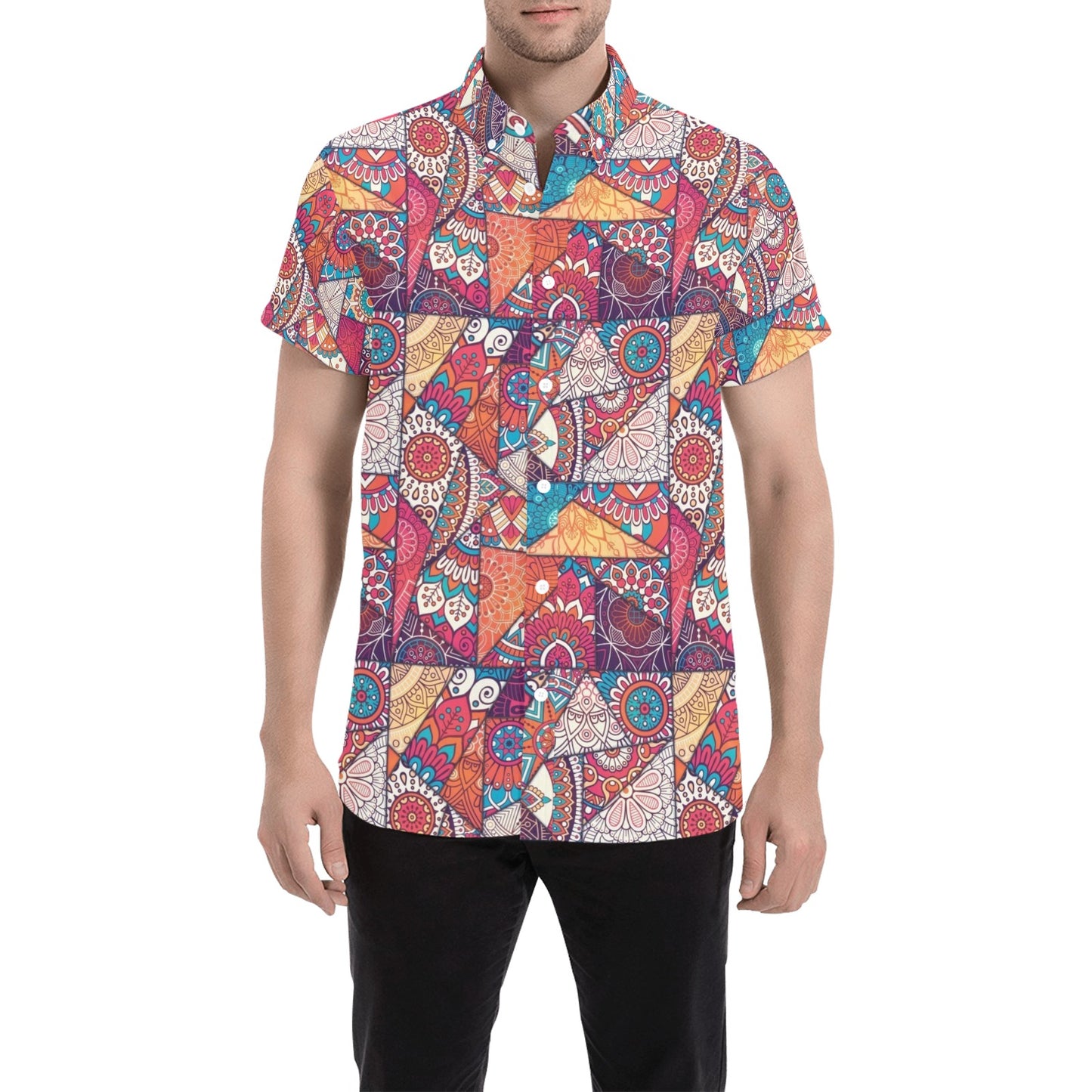 Patchwork Print Design LKS401 Men Short Sleeve Button Up Shirt
