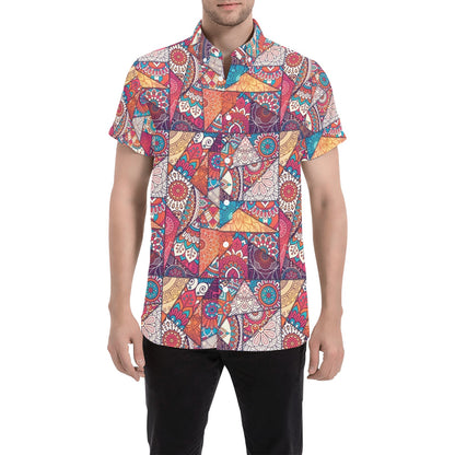 Patchwork Print Design LKS401 Men Short Sleeve Button Up Shirt