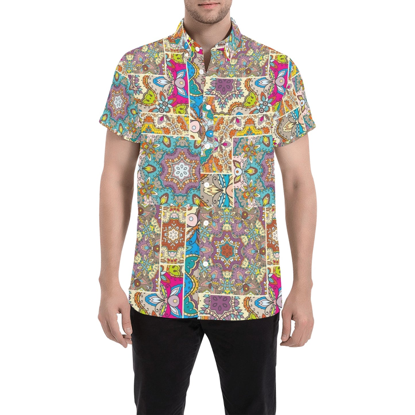 Patchwork Print Design LKS402 Men Short Sleeve Button Up Shirt