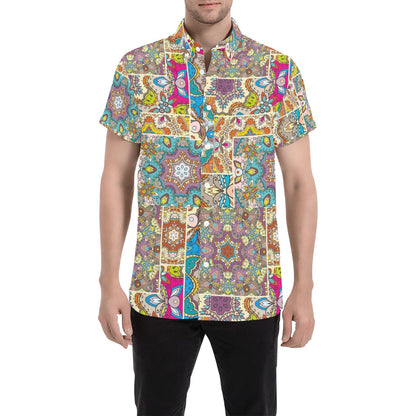 Patchwork Print Design LKS402 Men Short Sleeve Button Up Shirt