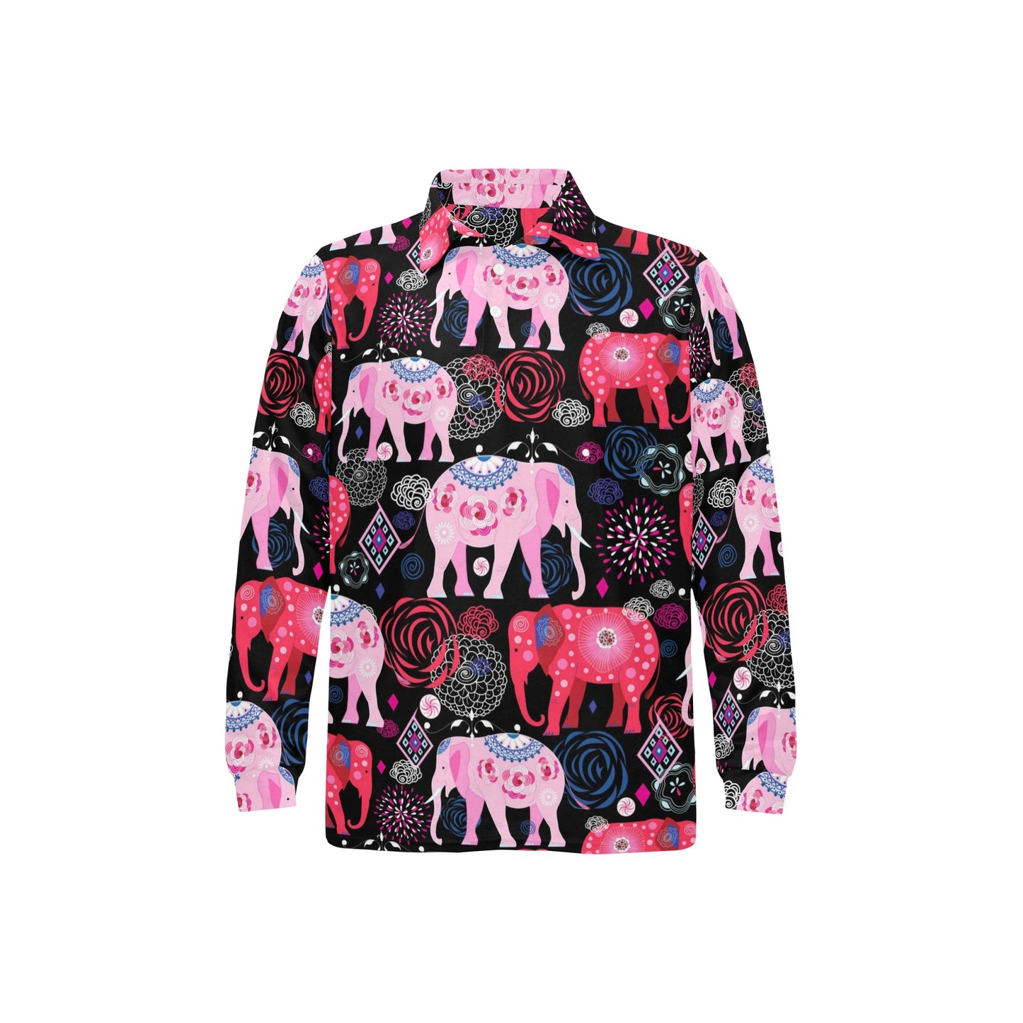 Pink Elephant Pattern Long Sleeve Polo Shirt For Men's