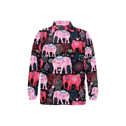 Pink Elephant Pattern Long Sleeve Polo Shirt For Men's