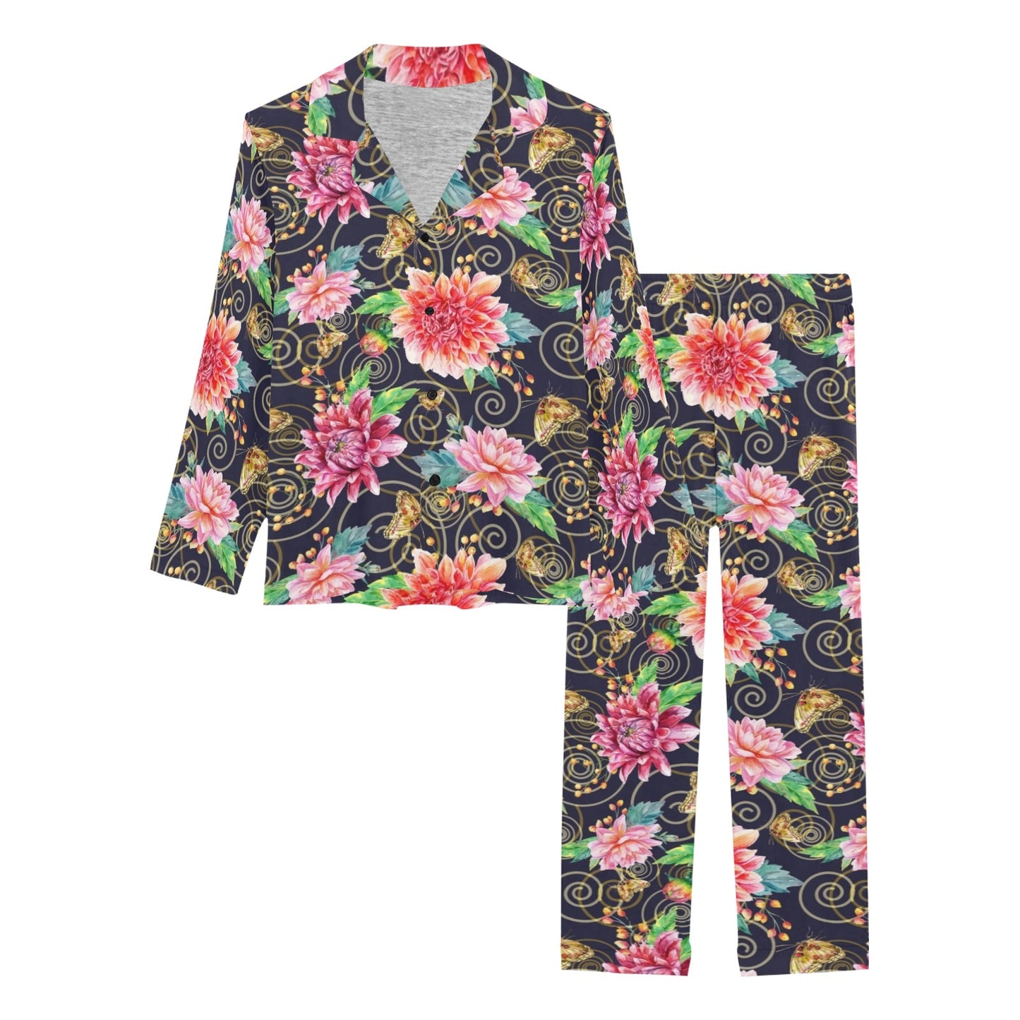 Dahlia Pattern Print Design DH02 Women's Long Pajama Set