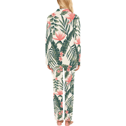 Tropical Flower Palm Leaves Women's Long Pajama Set