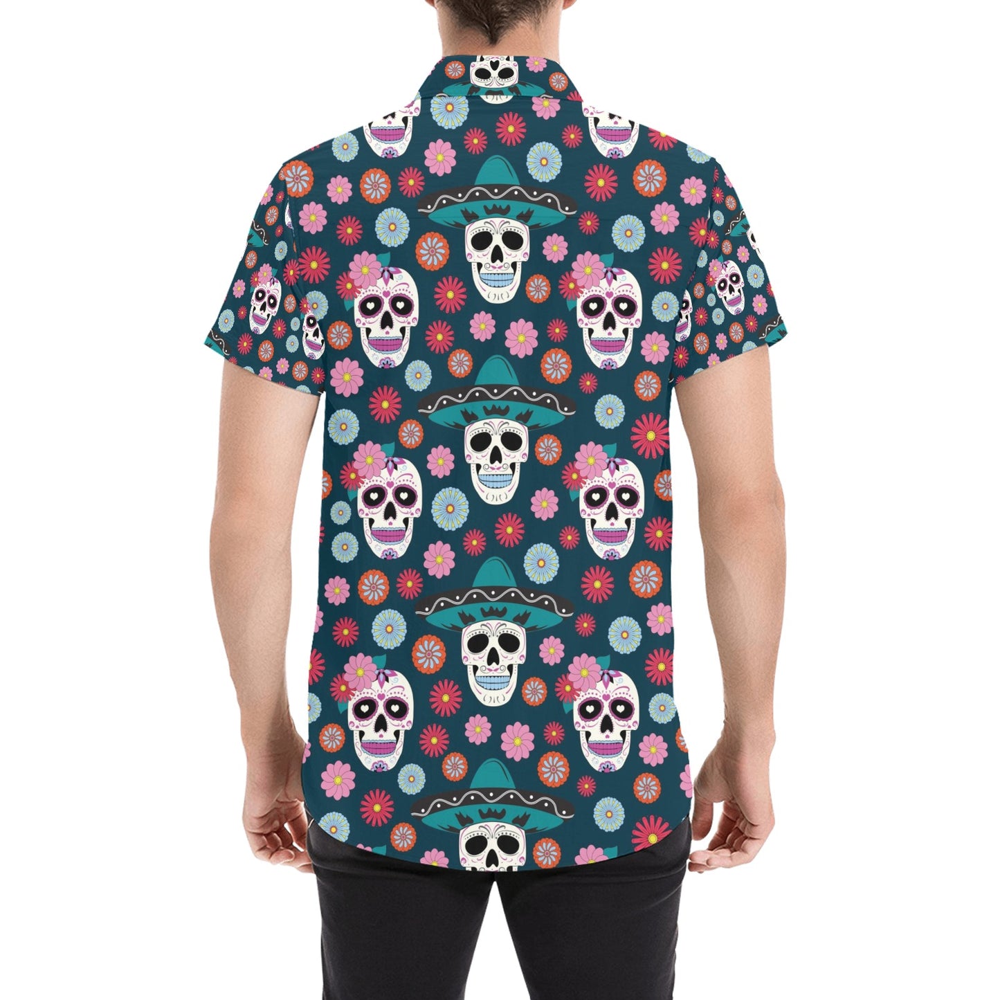 Sugar Skull Print Design LKS308 Men Short Sleeve Button Up Shirt