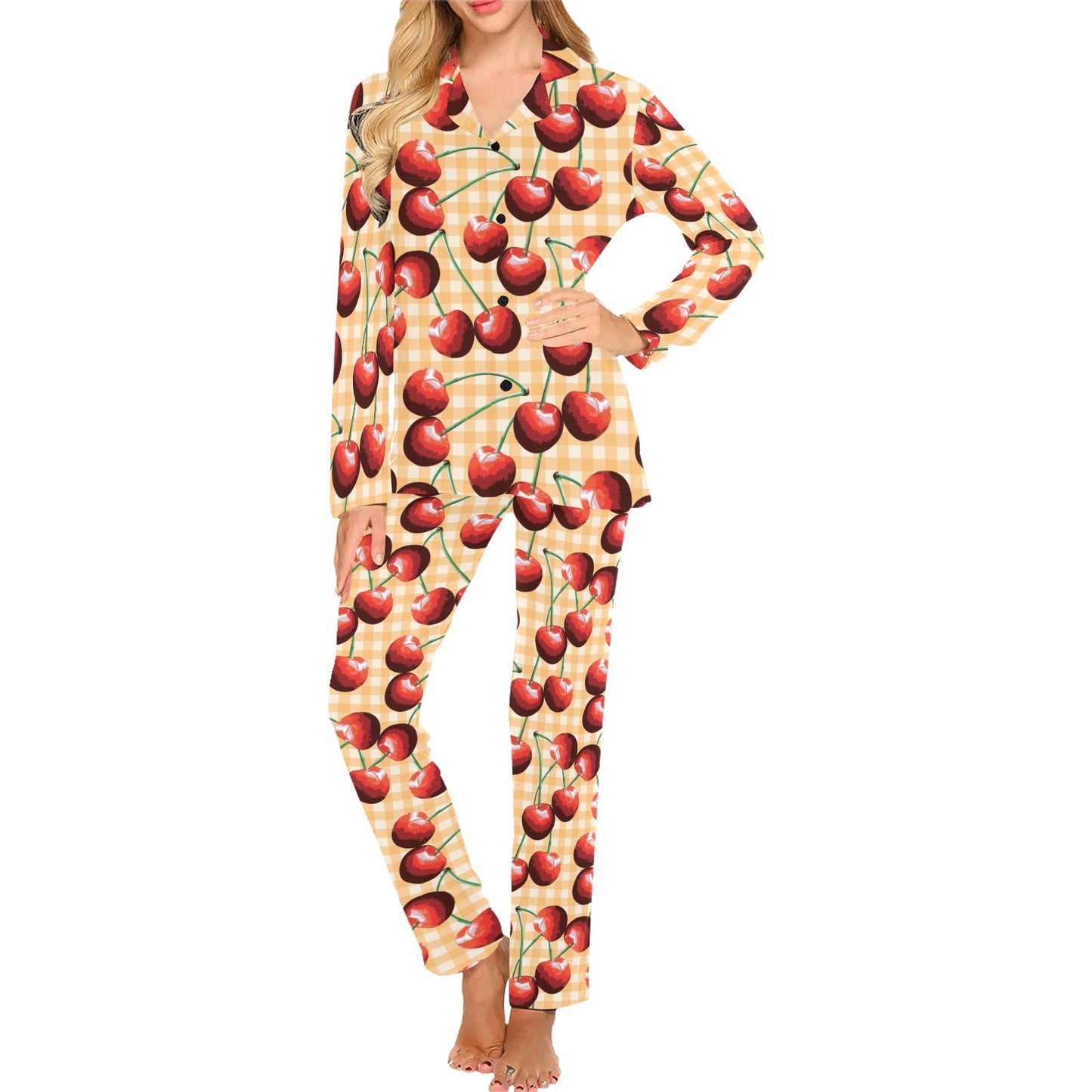 Cherry Orange Plaid Print Women's Long Pajama Set