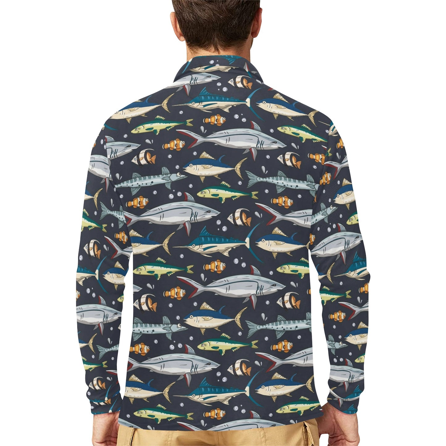 Swordfish Pattern Print Design 04 Long Sleeve Polo Shirt For Men's